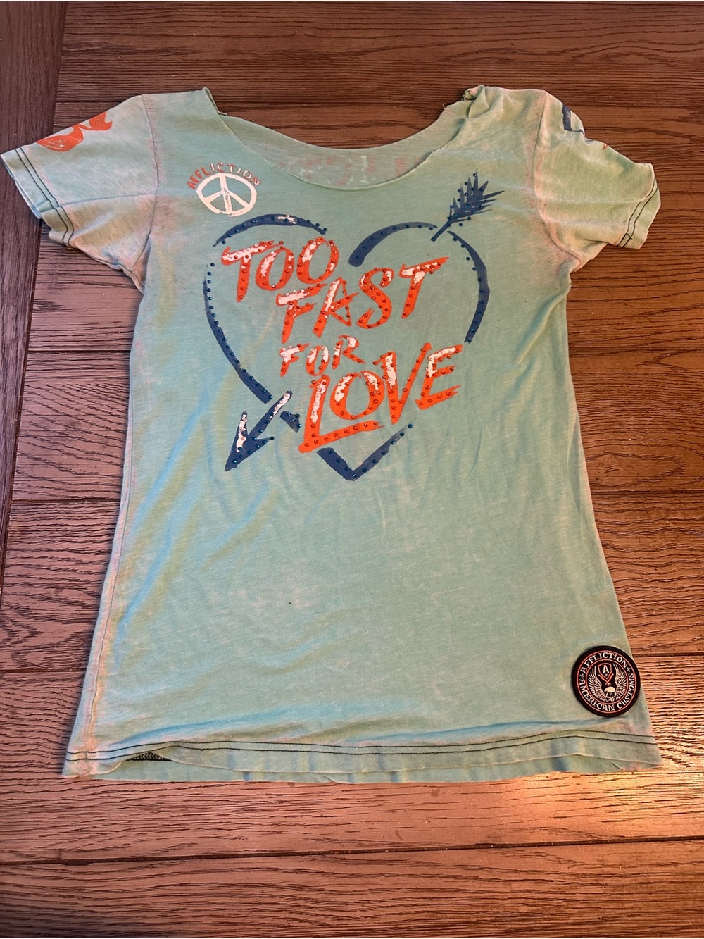 Affliction Mint Green Short Sleeve Tee Too Fast for Love